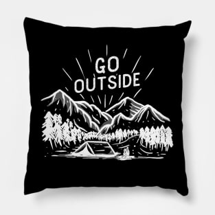 Mountain and wild forest campground adventure illustration with hand drawn vintage style Pillow