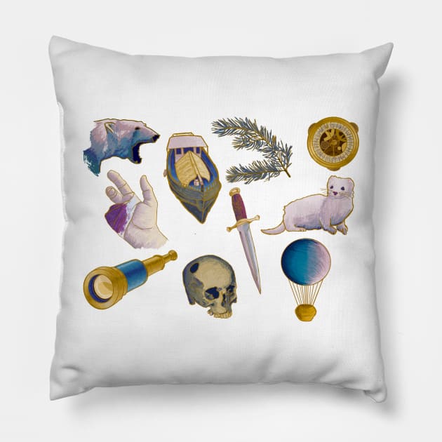 His Dark Materials symbols on blue Pillow by mamashark17