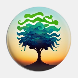 Solitary stylized tree at sunset with green and blue leaves. Pin