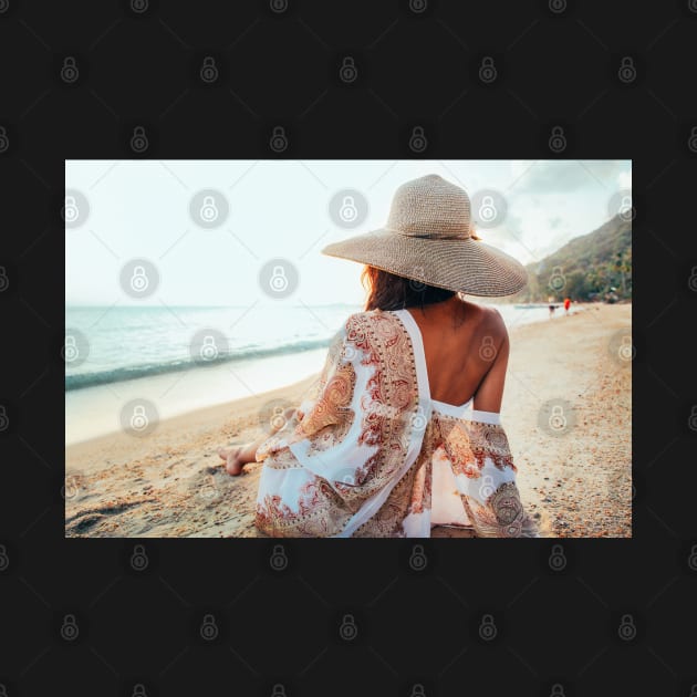 Beautiful Elegant Woman Sitting on Beach and Watching the Ocean by visualspectrum