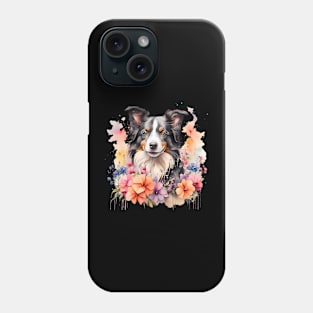 A border collie decorated with beautiful watercolor flowers Phone Case