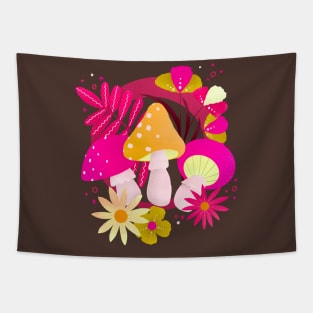 Magenta and orange retro flowers and mushrooms Tapestry