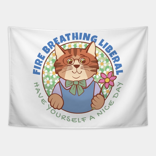 Fire Breathing Liberal Cat with Flower Tapestry by Sue Cervenka