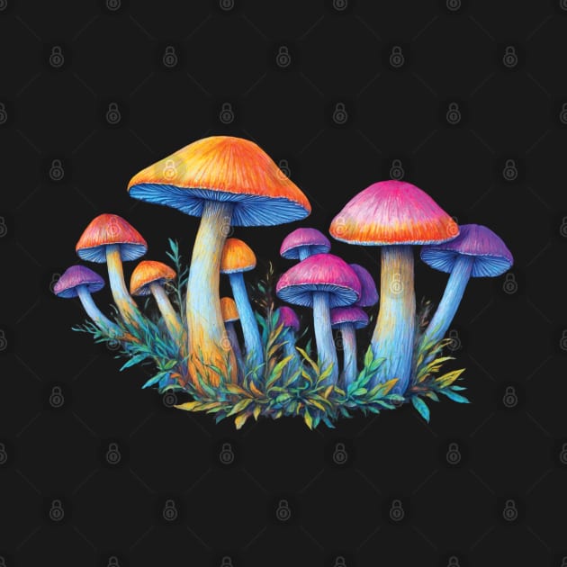 Neon Fantasy Mushrooms - Psychedelic Nature Artwork by kbark