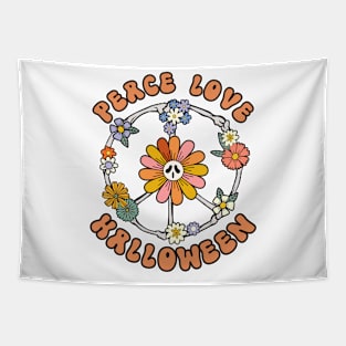 Peace Love Halloween Skull Pink Flowers Tapestry