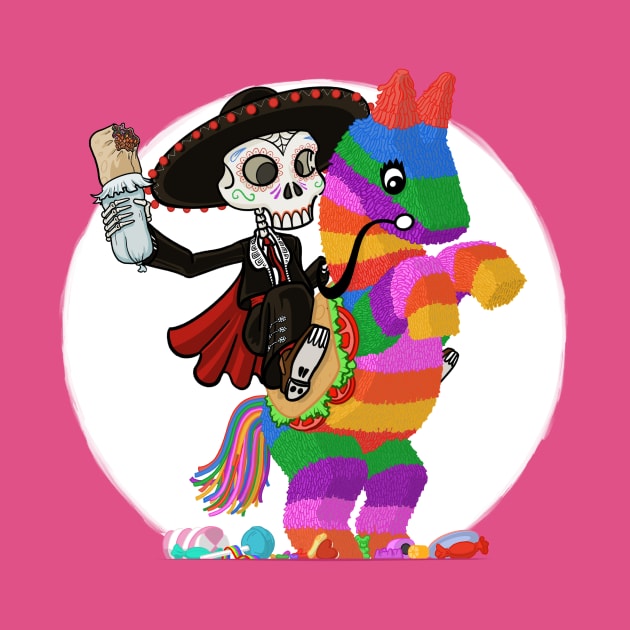 Day of the Dead Skull Face Matador Riding a Piñata with Burrito by Big Appetite Illustration