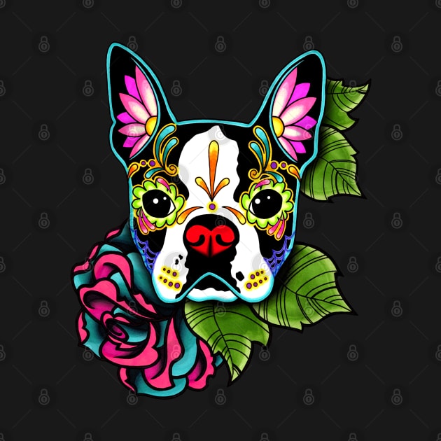 Boston Terrier in Black - Day of the Dead Sugar Skull Dog by prettyinink