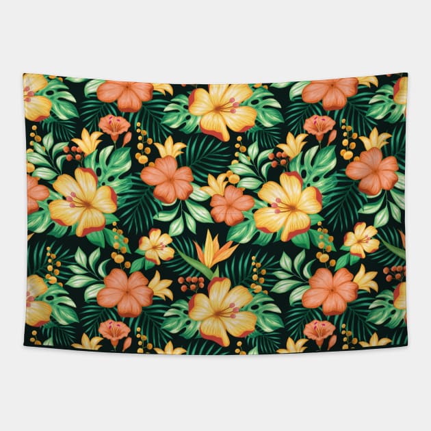 Tropical Orange And Green Floral Hibiscus Tapestry by Printable Pretty