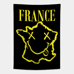 Vibrant France: Unleash Your 90s Grunge Spirit! Smiling Squiggly Mouth Dazed Smiley Face Tapestry