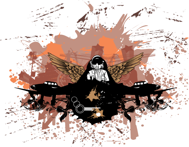 Graffiti layout, man wearing a gas mask and angel wings, splattered paint, dirty patterns, arrows, stars, geometric shapes and abstract decorations Kids T-Shirt by aldyfmsh