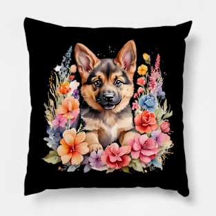 A baby german shepherd decorated with beautiful watercolor flowers Pillow