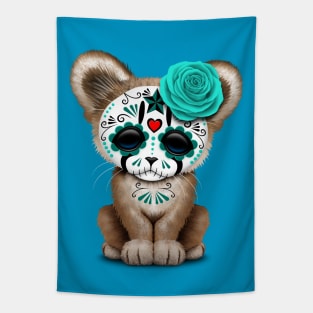 Blue Day of the Dead Sugar Skull Cougar Cub Tapestry