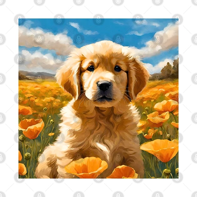 California Poppy Golden Retriever Puppy by Doodle and Things