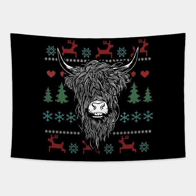 Ugly Christmas Highland Cow Tapestry by Shiva121