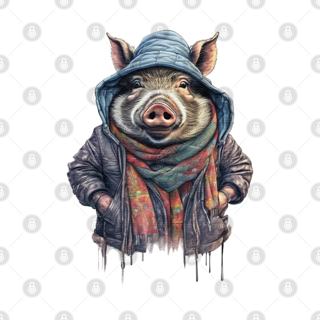 wild boar wearing a jackets hat and a scarf by JnS Merch Store