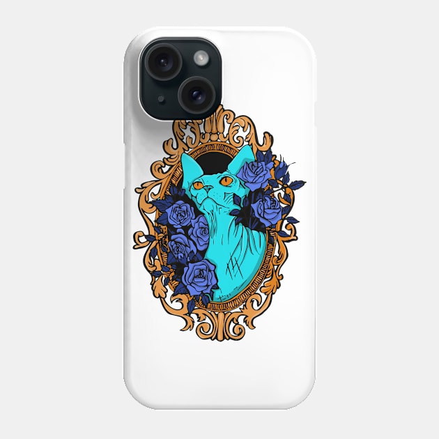 Neon Blue Sphynx Cat Surrounded by Roses and Baroque Frame - Royal Blue Pet Portrait - Hairless Kitty Phone Case by AnanasArt