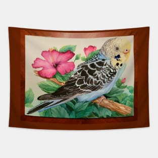 Blue and Yellow Budgie with Hibiscus Tapestry