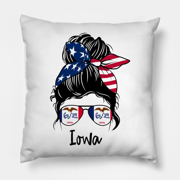 Iowa girl Messy bun , American Girl , Iowa Flag Pillow by JayD World