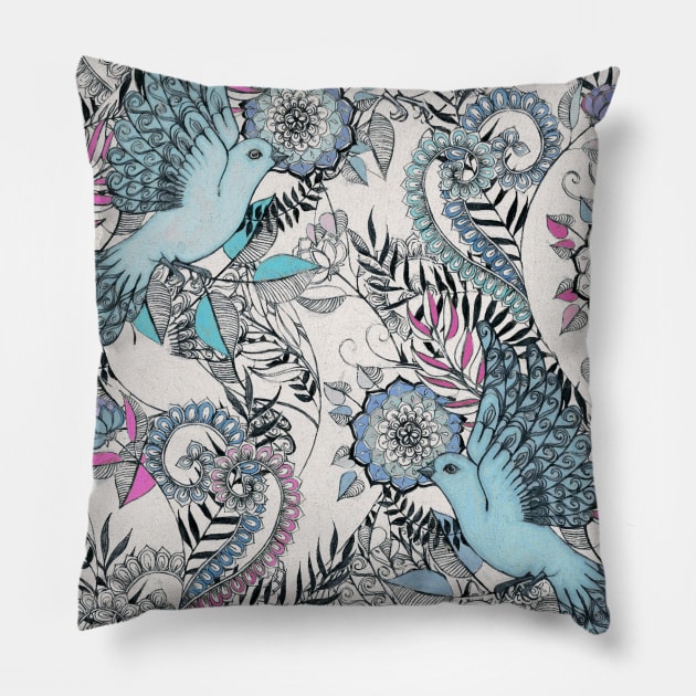 Flight of Fancy – pink, teal, cream Pillow by micklyn