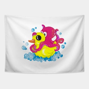 Octopus on rubber duck Tapestry