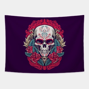 Cool Day of the Dead Sugar Skull with Roses Tapestry