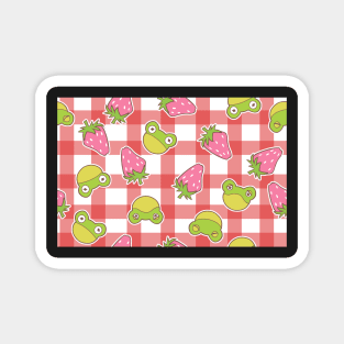 Frogs and Strawberries on red and white plaid Magnet