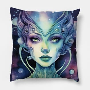 Alien Girl, colorful watercolor space art Pillow