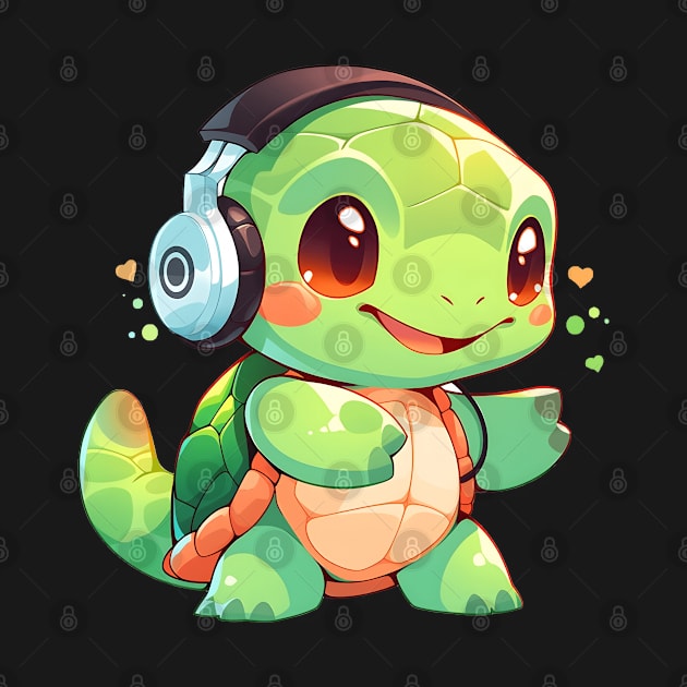 Cute Green Turtle with Headphones by pako-valor