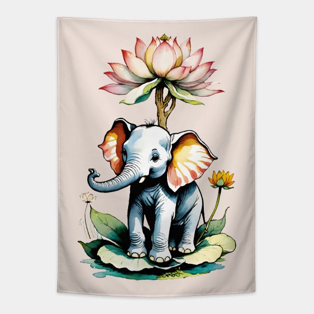 Ganesh Elephant and the lotus Flower Tapestry by mariasshop