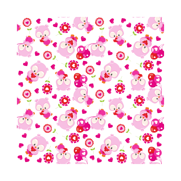 Pattern Of Owls, Cute Owls, Pink Owls, Hearts by Jelena Dunčević