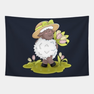 Kawaii Sheep Brings Beautiful Tulips Tapestry