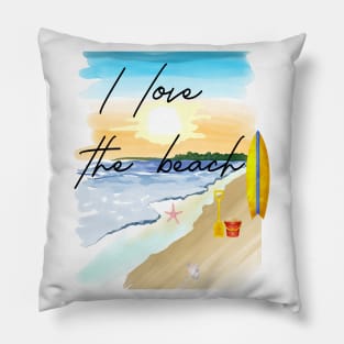 I LOVE THE BEACH - WATERCOLOR RETRO SURFBOARD DESIGN Pillow