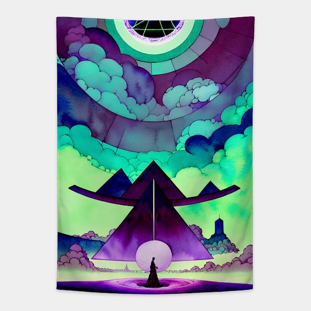 Lady Silhouette Abstract Geometric Cloudscape Tapestry by Trip Tank