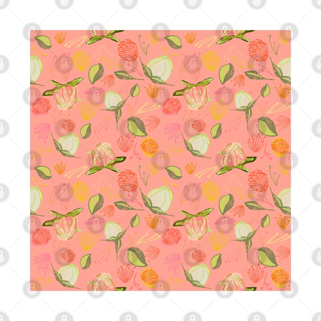 Peony Buds Abound Pattern on Melon Background with Watercolor Splotches by PurposelyDesigned