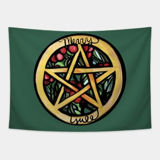 Merry Yule Pentacle Holly Berry Tapestry