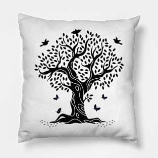 "Symphonie Naturelle : Danse des Papillons et Chant des Oiseaux dans l'Arbre Noueux" Pillow