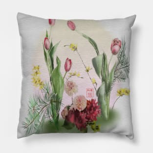 Ikebana watercolor red tulips with pink chrysanthemums Pillow