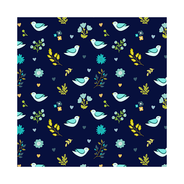 Floral pattern with birds in dark blue background by bigmomentsdesign