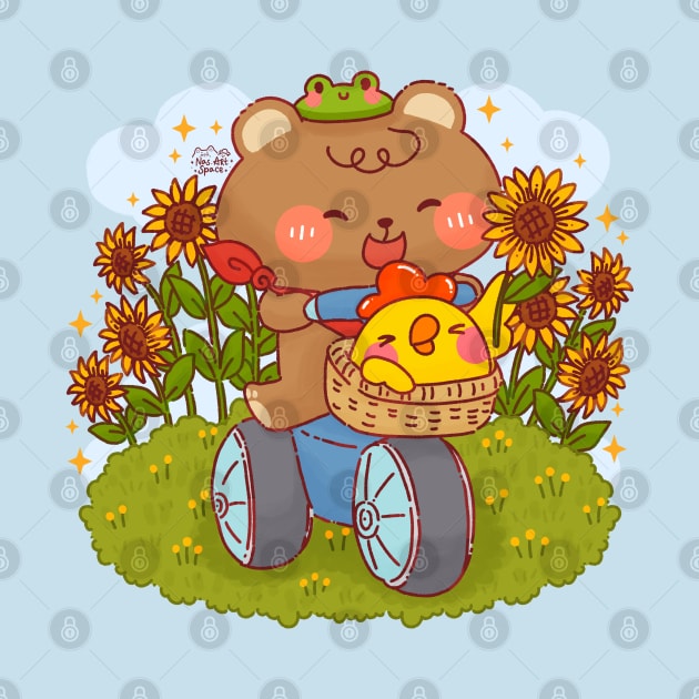 Cute Bear Cycling in Sunflower Field by Nas.ArtSpace