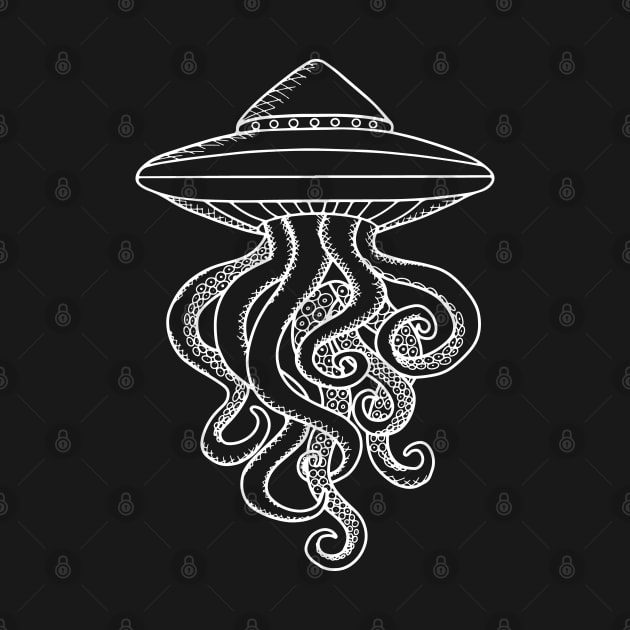 UFO Ocotopus Hybrid White Line Drawing by Ciara Shortall Art