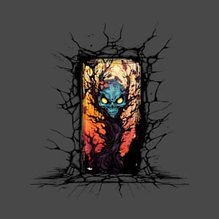 Spooky Skull Tree Coming Through Doorway T-Shirt