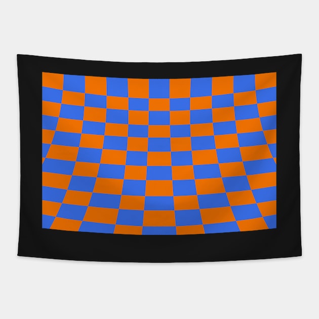 Warped perspective coloured checker board effect grid orange and blue Tapestry by Russell102