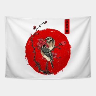 Japanese illustration IKIGAI meaning of life -  red moon pine bunting Plum Tree Tapestry