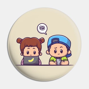 Cute Girl And Cute Boy Playing Gadget Cartoon Pin