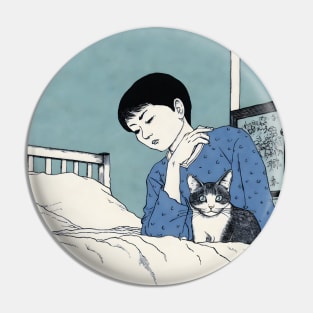 Traditional Japanese art of man with cat on the bed Pin