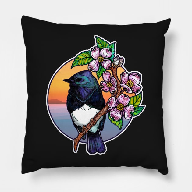 Black Phoebe Pillow by CattGDesigns