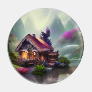 Sparkling Fantasy Cottage with Lights and Glitter Background in Forest, Scenery Nature Pin