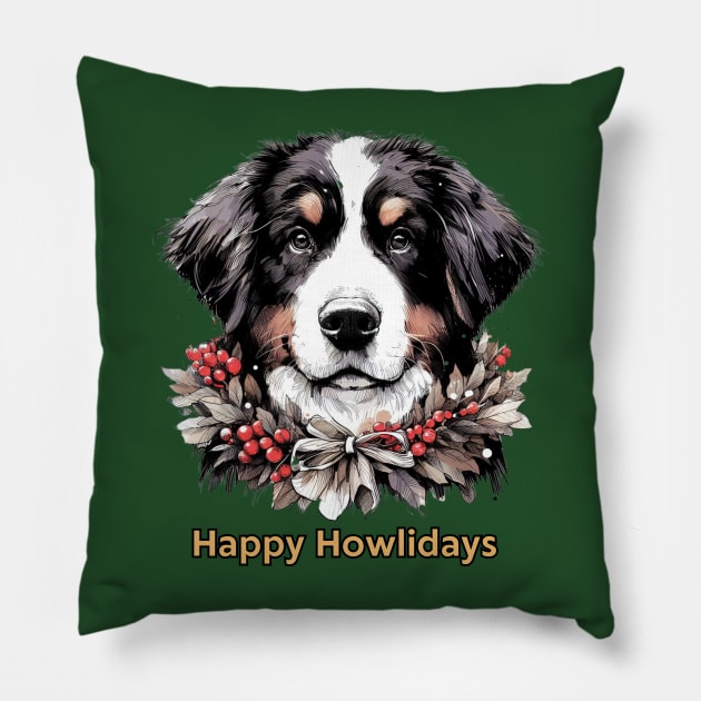 Happy Howlidays  - Bernese Mountain Dog Pillow by ZogDog Pro