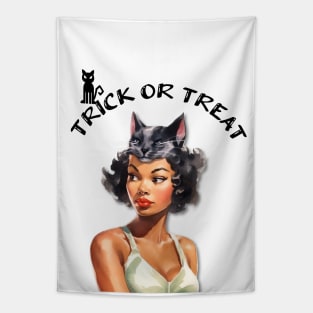 Trick or Treat Black Pin-up Girl with Cat Mask Illustration Art Tapestry