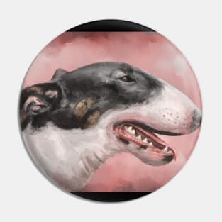 A Painting of a Black and White Bull Terrier on Pink Background Pin